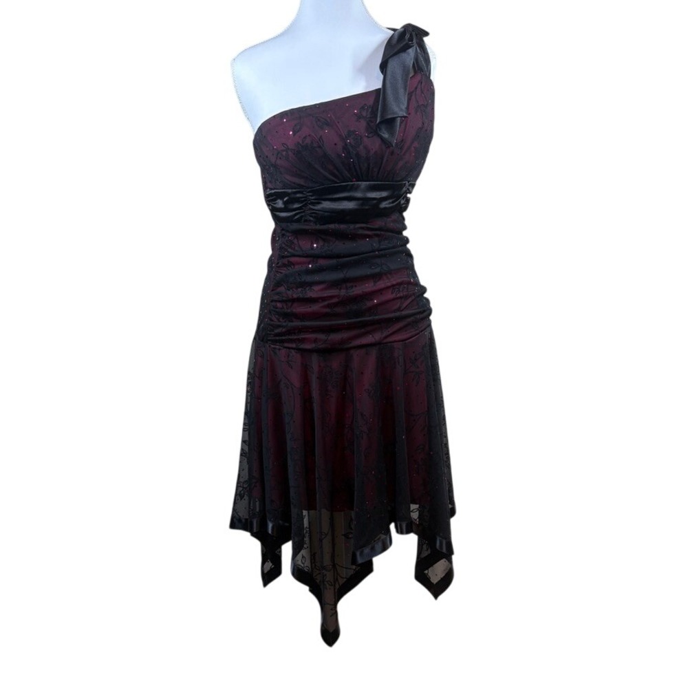 Vtg 90s Fairy Grunge Black Pink Overlay Floral Mesh Handkerchief Hem Midi Dress